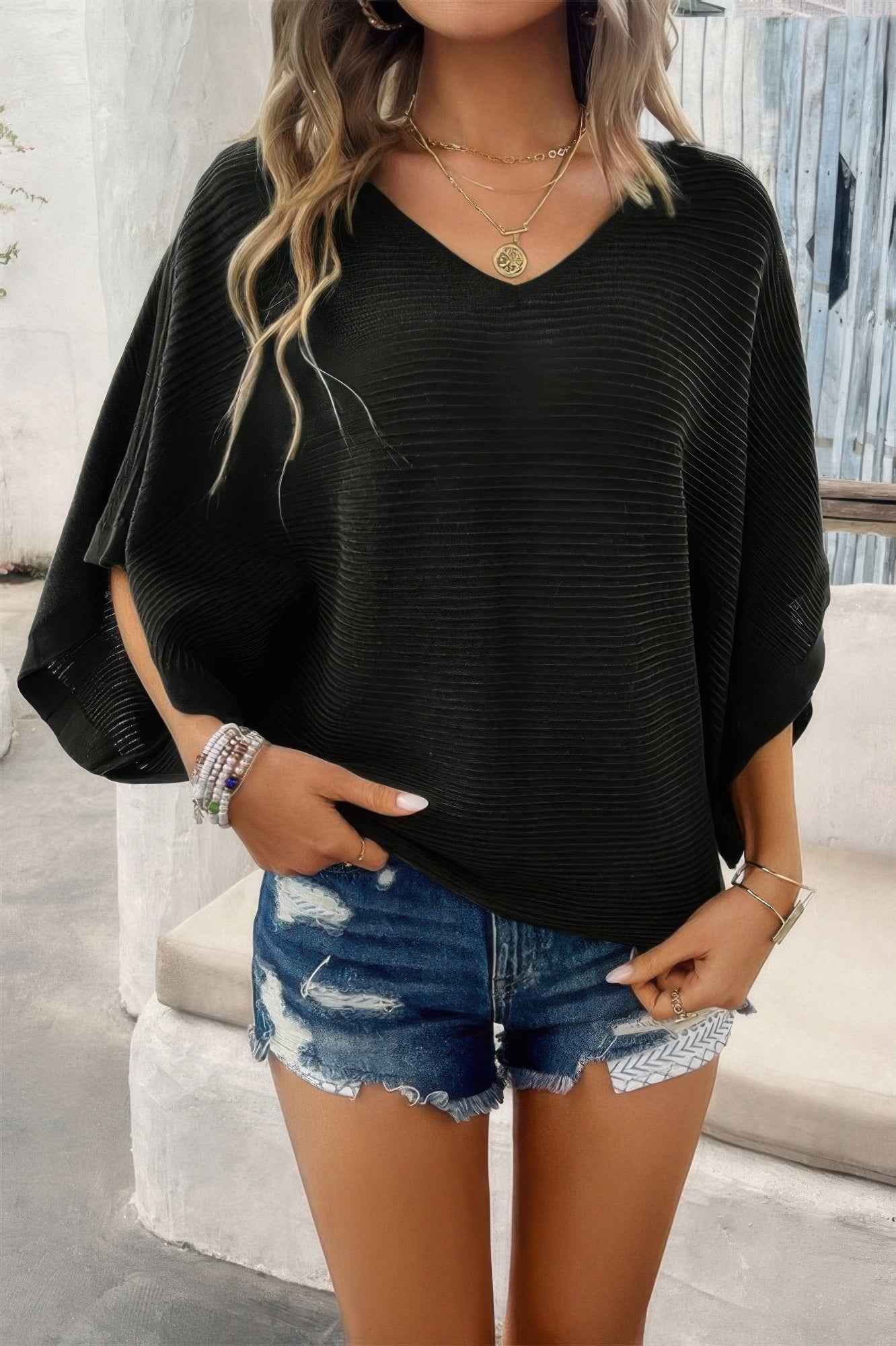 Solid V Neck Knit Loose Fit Bat Sleeves Top