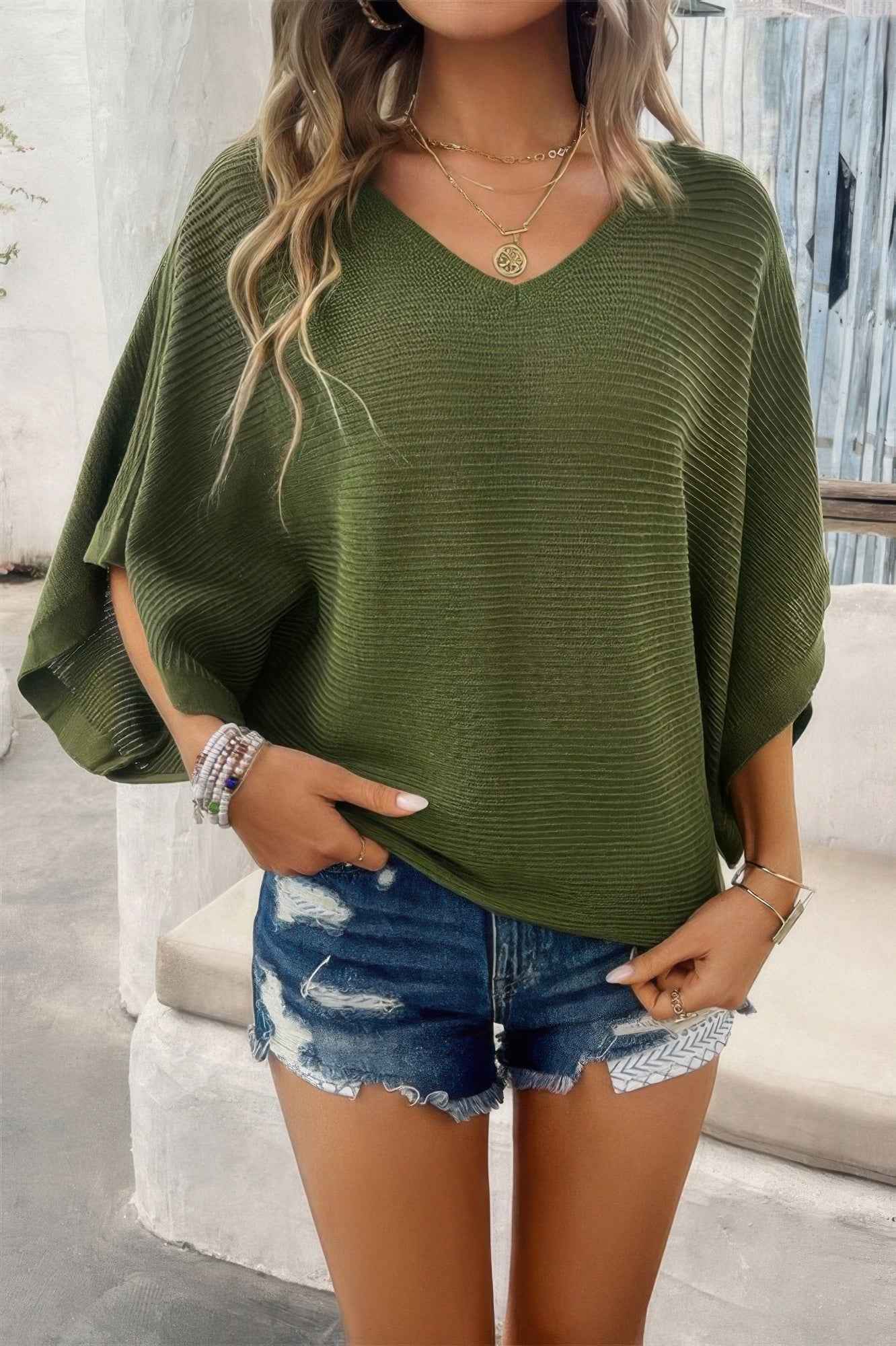 Solid V Neck Knit Loose Fit Bat Sleeves Top