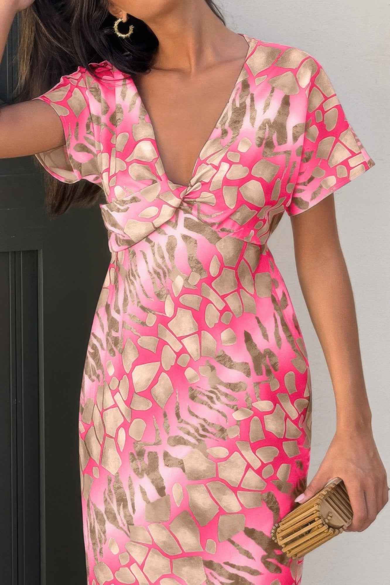 Geometric Print Twist Design Short Sleeve Fit Dress