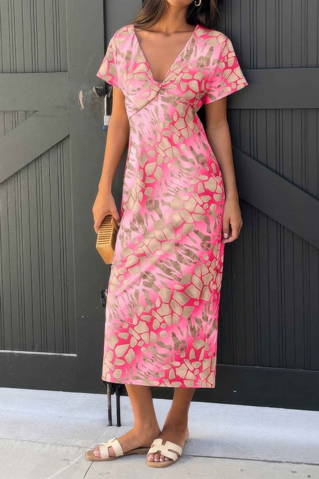 Geometric Print Twist Design Short Sleeve Fit Dress