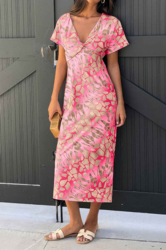 Geometric Print Twist Design Short Sleeve Fit Dress