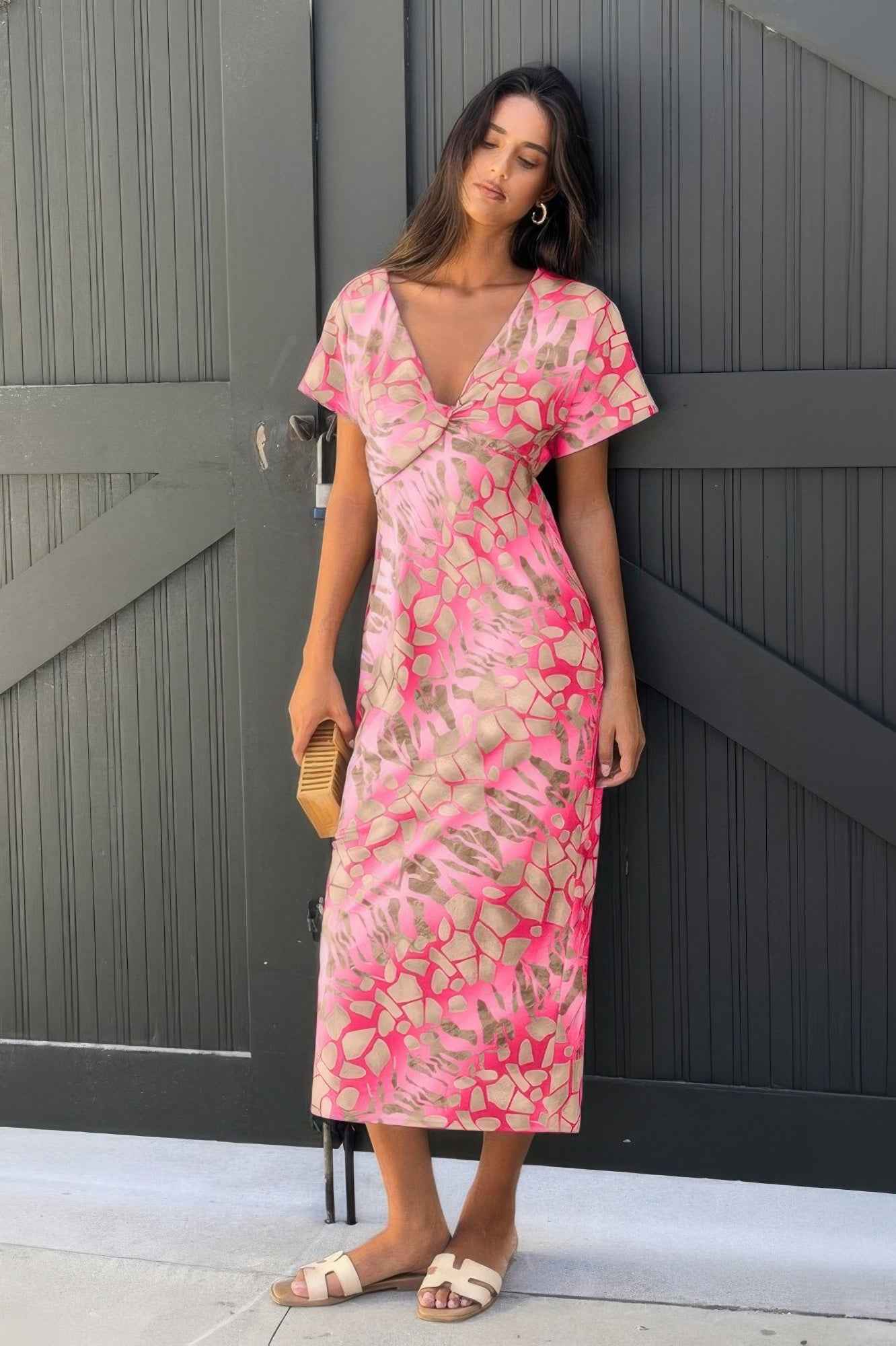 Geometric Print Twist Design Short Sleeve Fit Dress