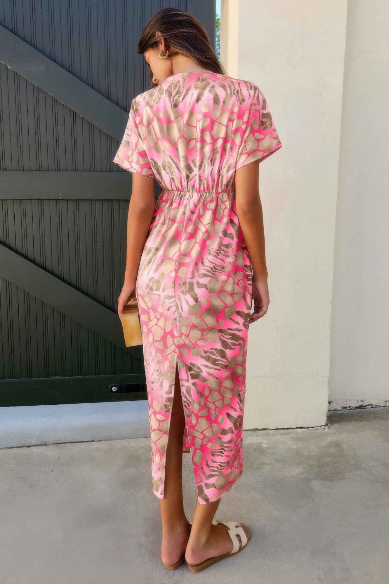 Geometric Print Twist Design Short Sleeve Fit Dress