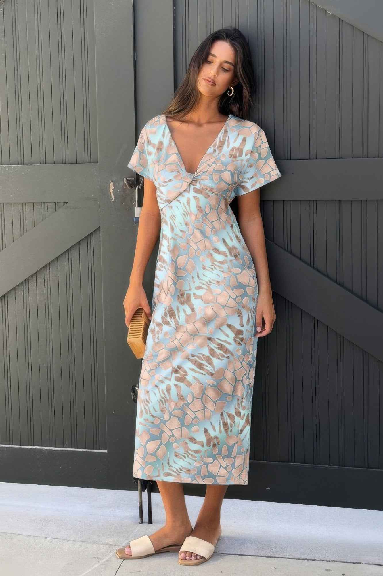 Geometric Print Twist Design Short Sleeve Fit Dress