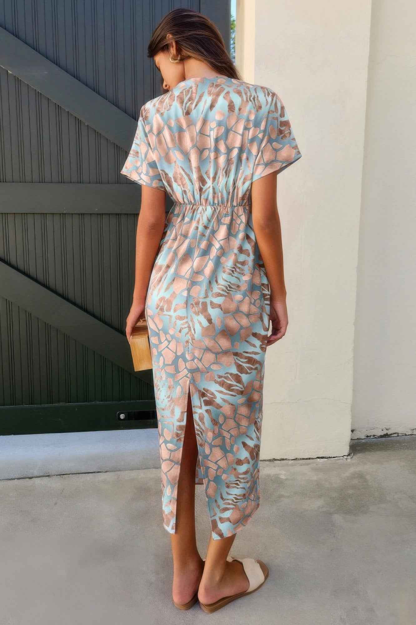 Geometric Print Twist Design Short Sleeve Fit Dress