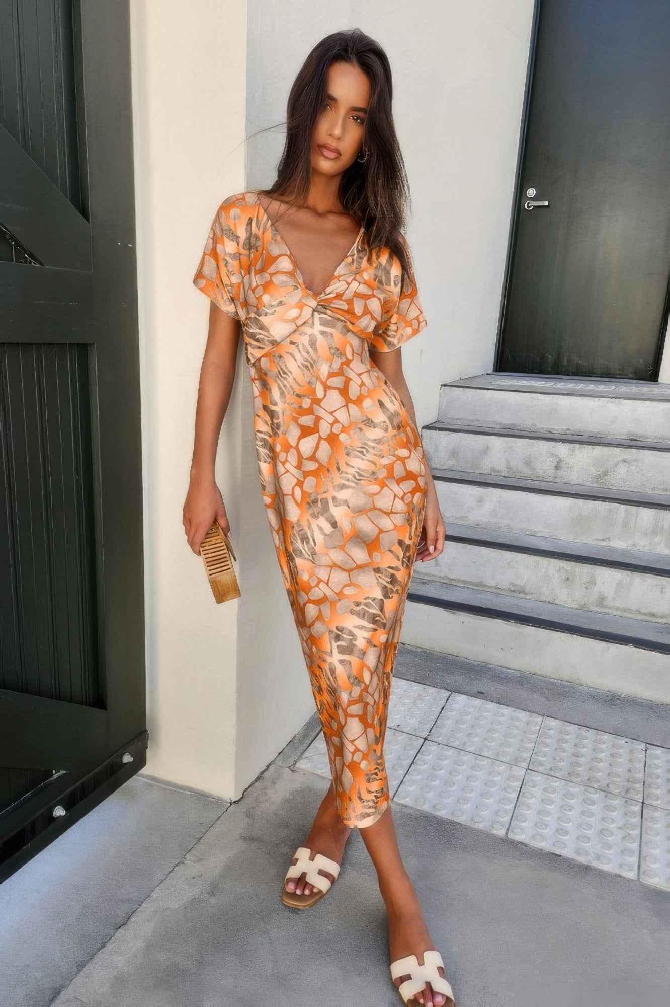 Geometric Print Twist Design Short Sleeve Fit Dress