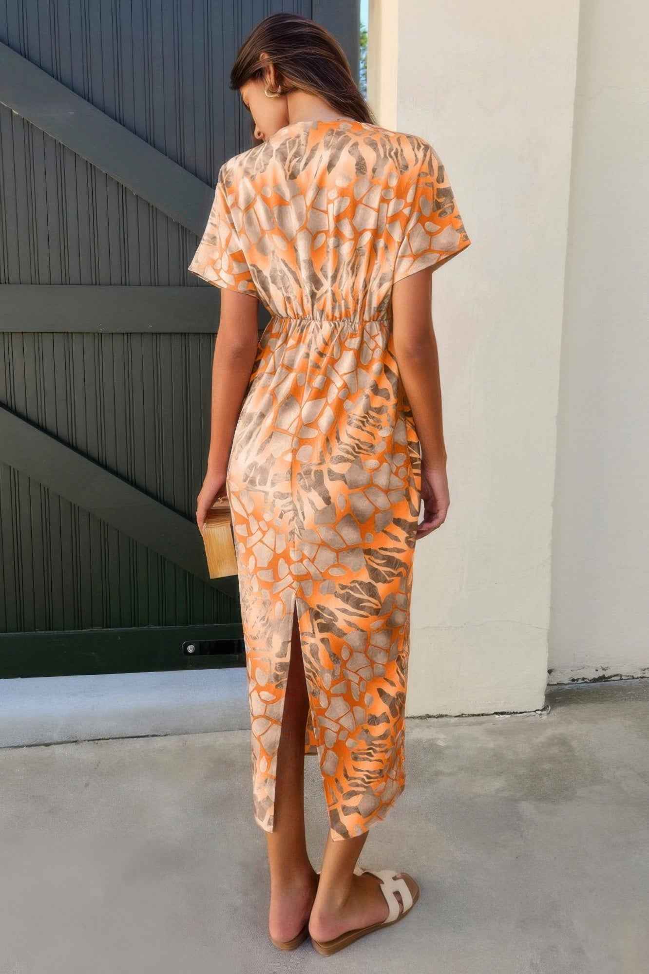 Geometric Print Twist Design Short Sleeve Fit Dress