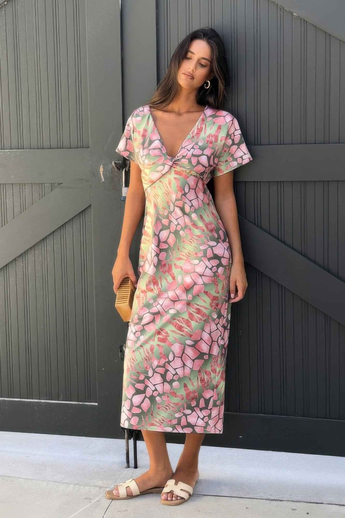 Geometric Print Twist Design Short Sleeve Fit Dress