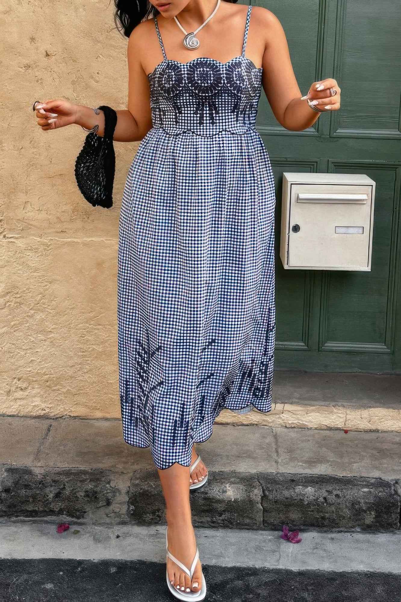 Plus Size Plaid Backless Hollow Out Strap Dress