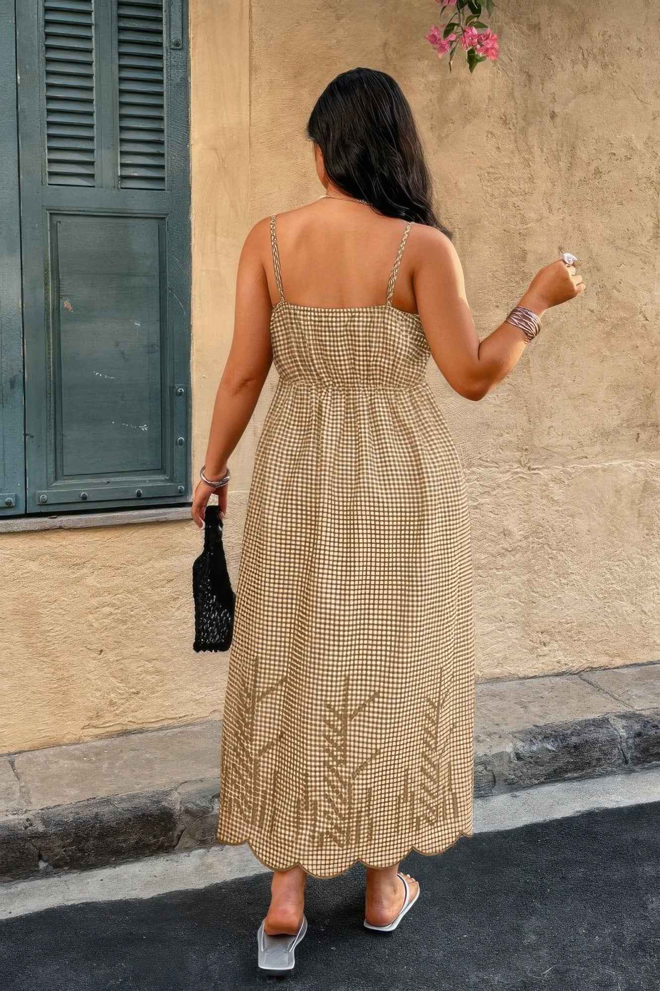 Plus Size Plaid Backless Hollow Out Strap Dress