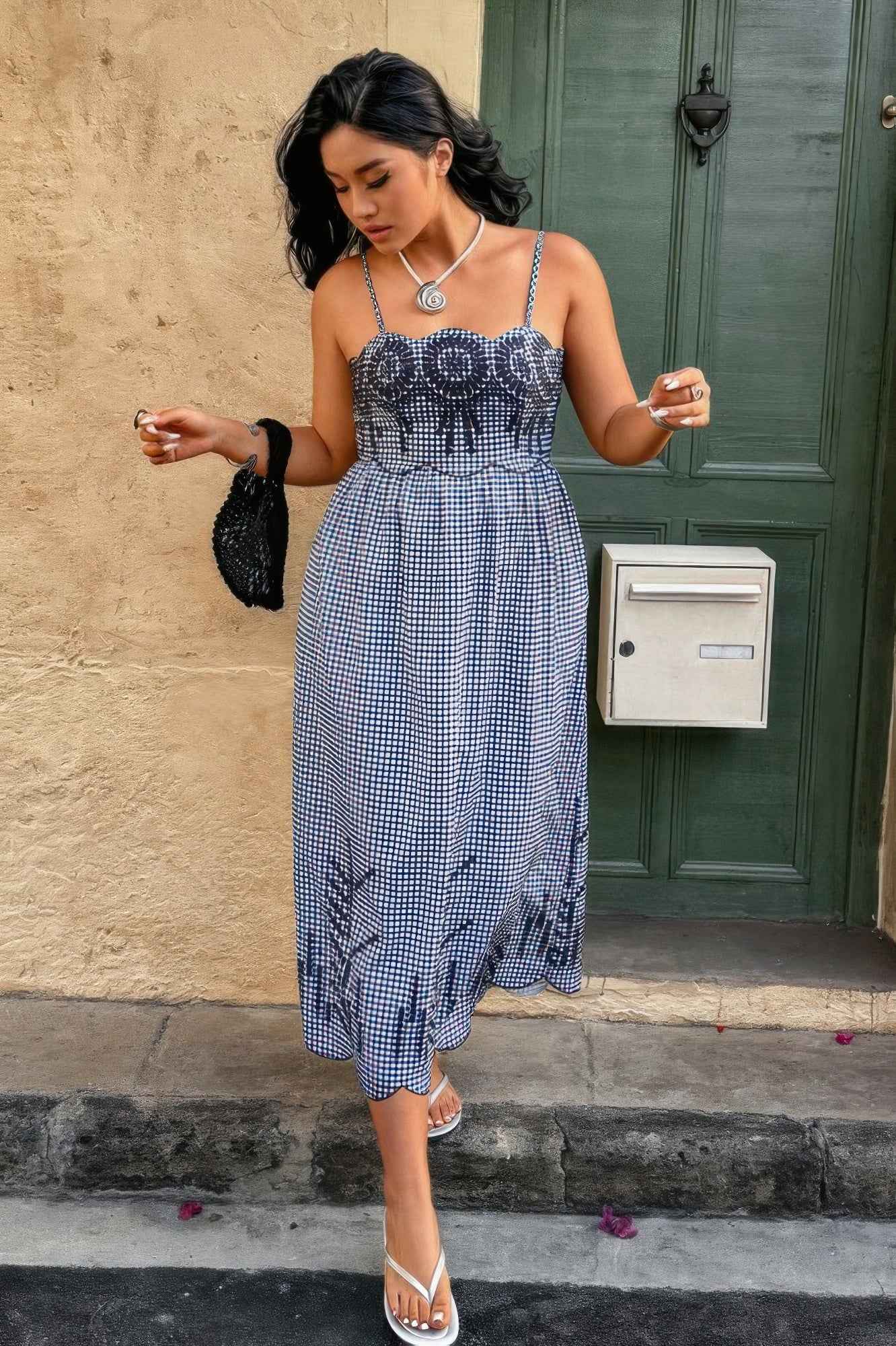 Plus Size Plaid Backless Hollow Out Strap Dress