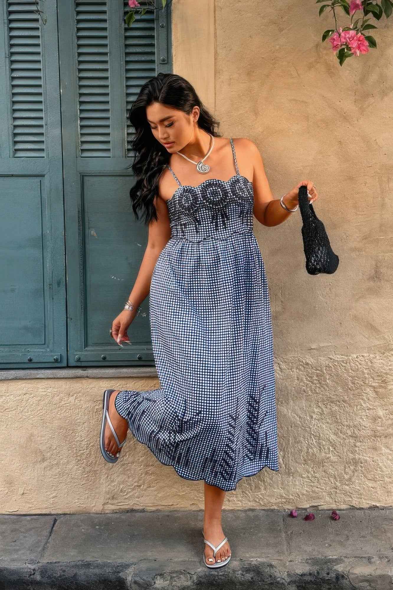 Plus Size Plaid Backless Hollow Out Strap Dress