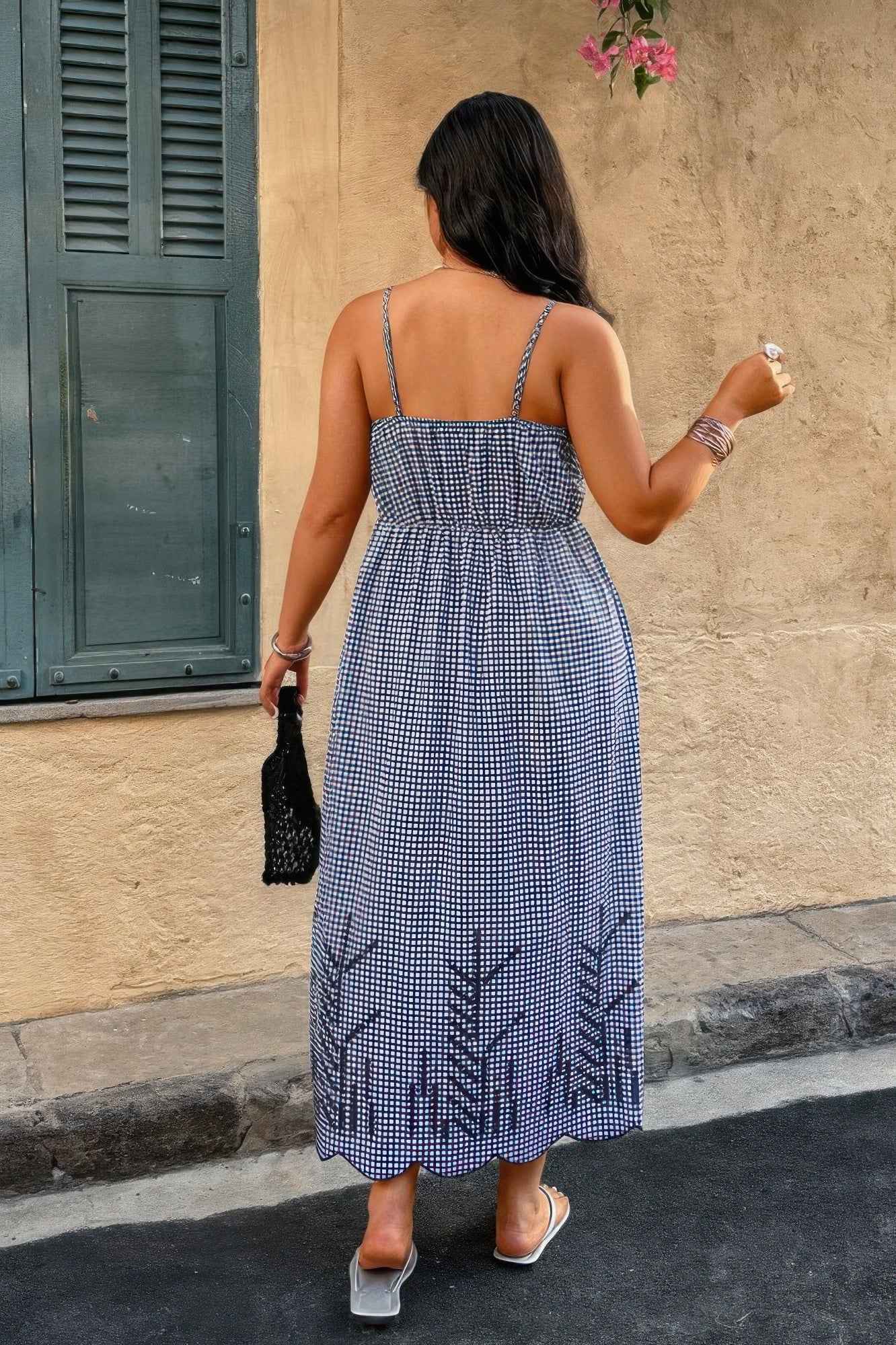 Plus Size Plaid Backless Hollow Out Strap Dress