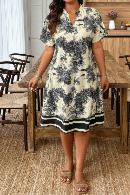 Plus Size Floral Print V Neck Fit Midi Dress