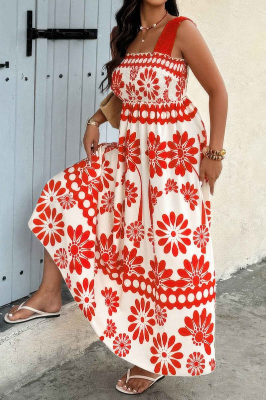 Plus Floral Printed Square Neck Wide Strap Dress