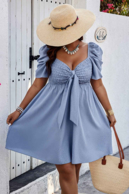 Plus Solid Front Knot Short Puff Sleeve Fit Dress