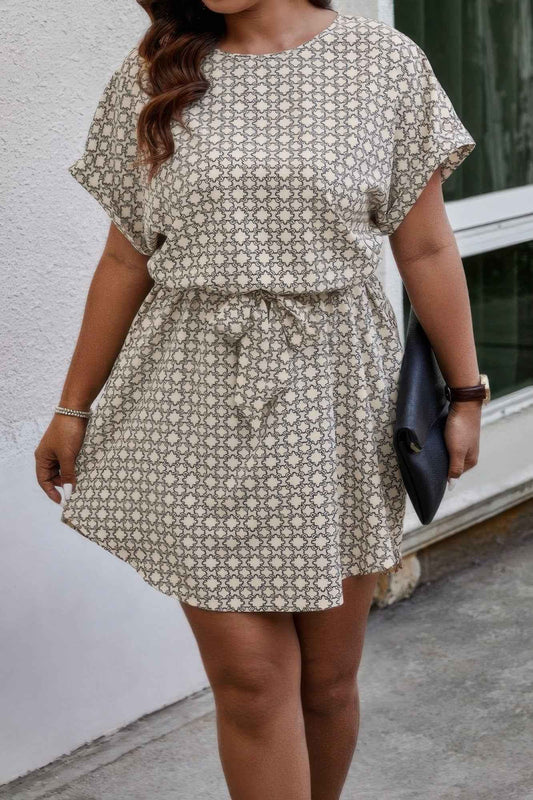 Plus Round Neck Printed Batwing Sleeve Loose Dress