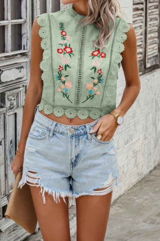Sleeveless Floral Embroidery Guipure Lace Blouse