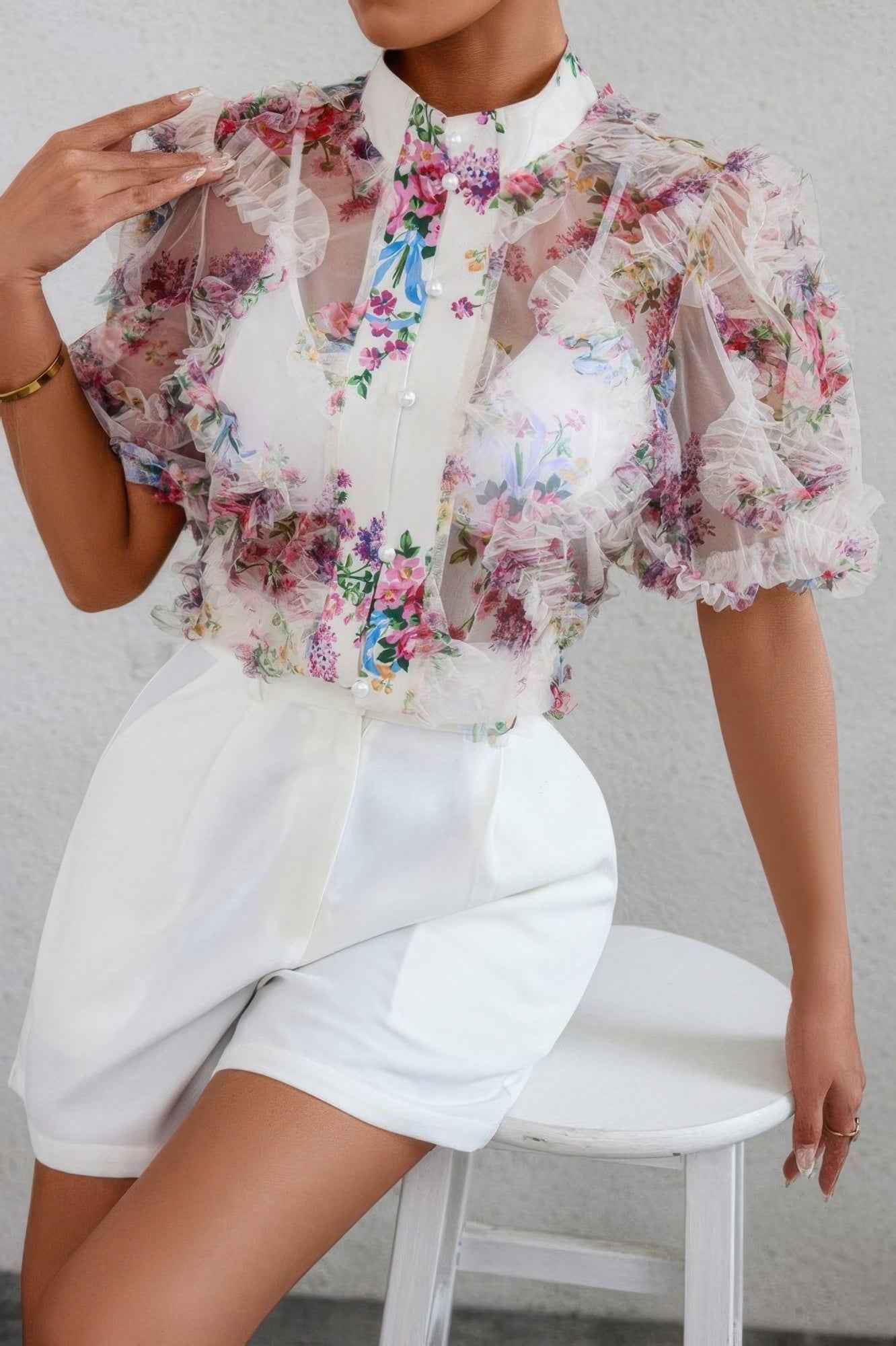 Allover Print See Through Collar Puff Sleeve Shirt