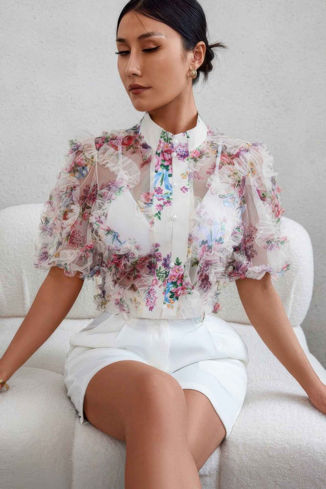 Allover Print See Through Collar Puff Sleeve Shirt