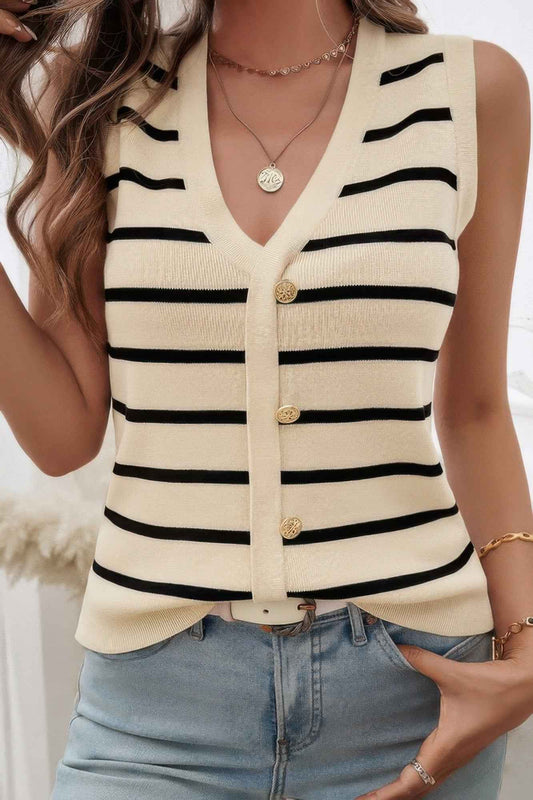 Strip Deep V Neck Knit Button Trim Sleeveless Vest