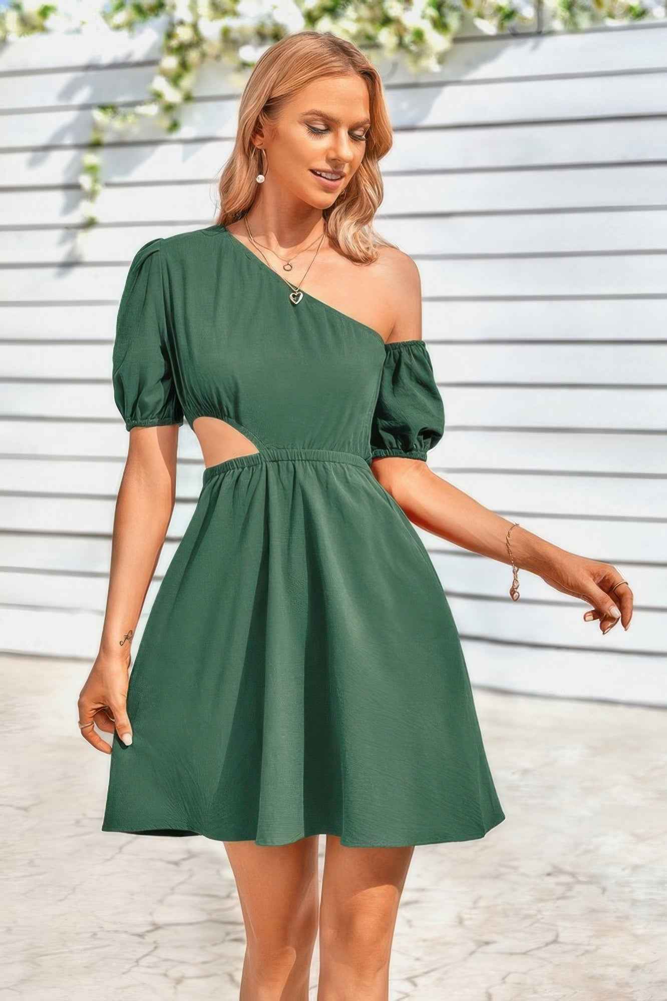 One Shoulder Puff Sleeve Fit Flare Short Dress