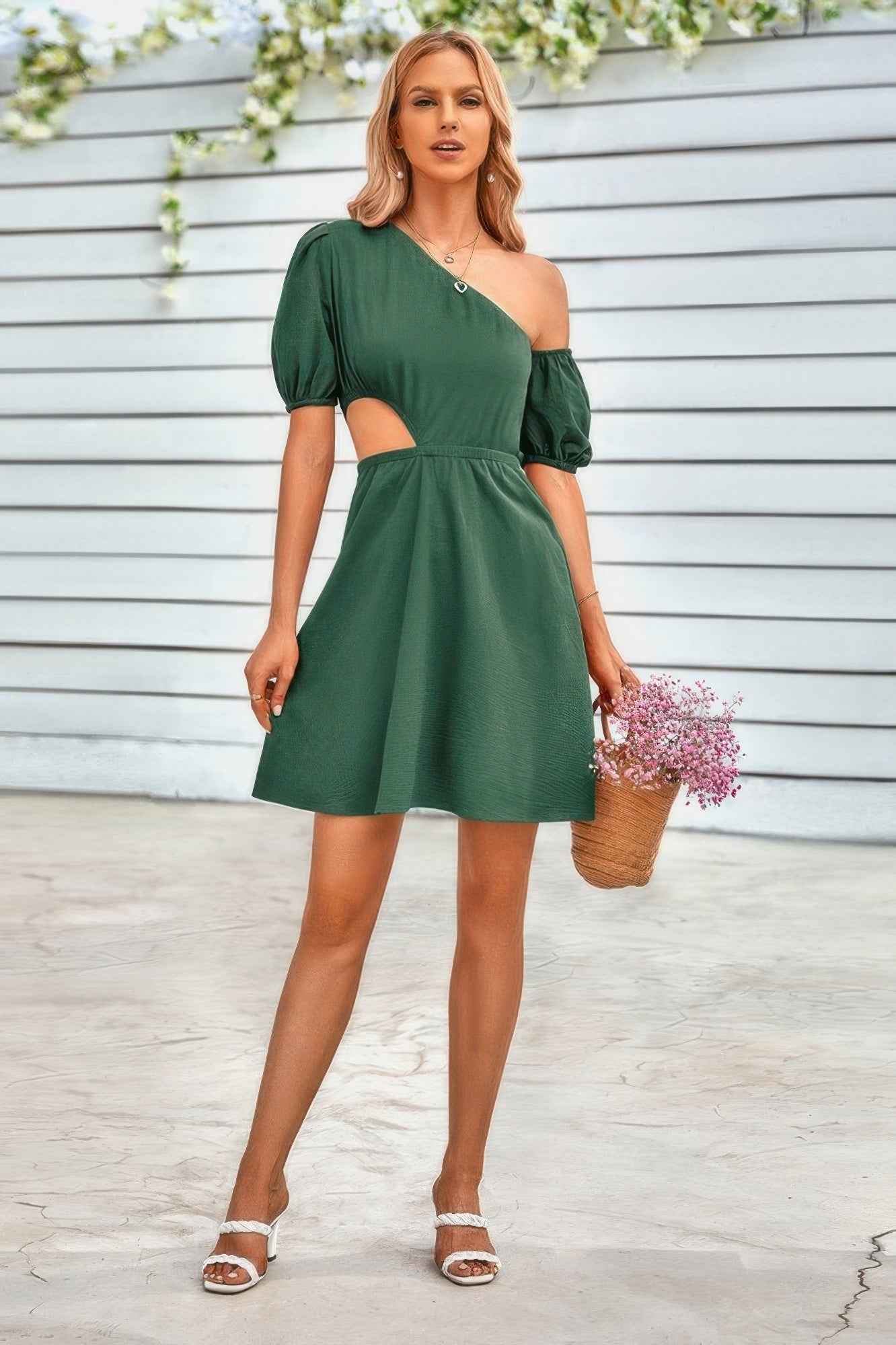 One Shoulder Puff Sleeve Fit Flare Short Dress