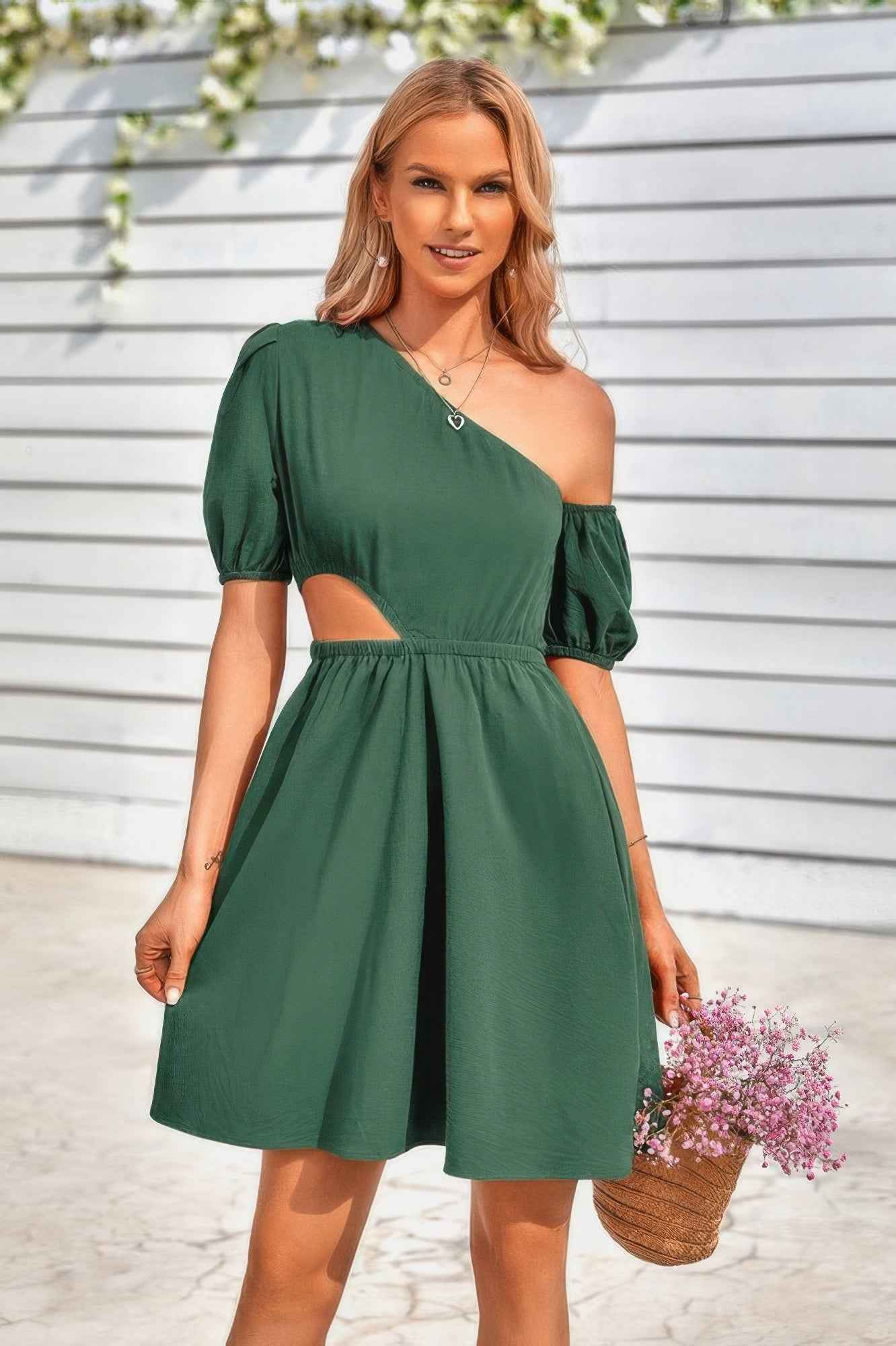 One Shoulder Puff Sleeve Fit Flare Short Dress