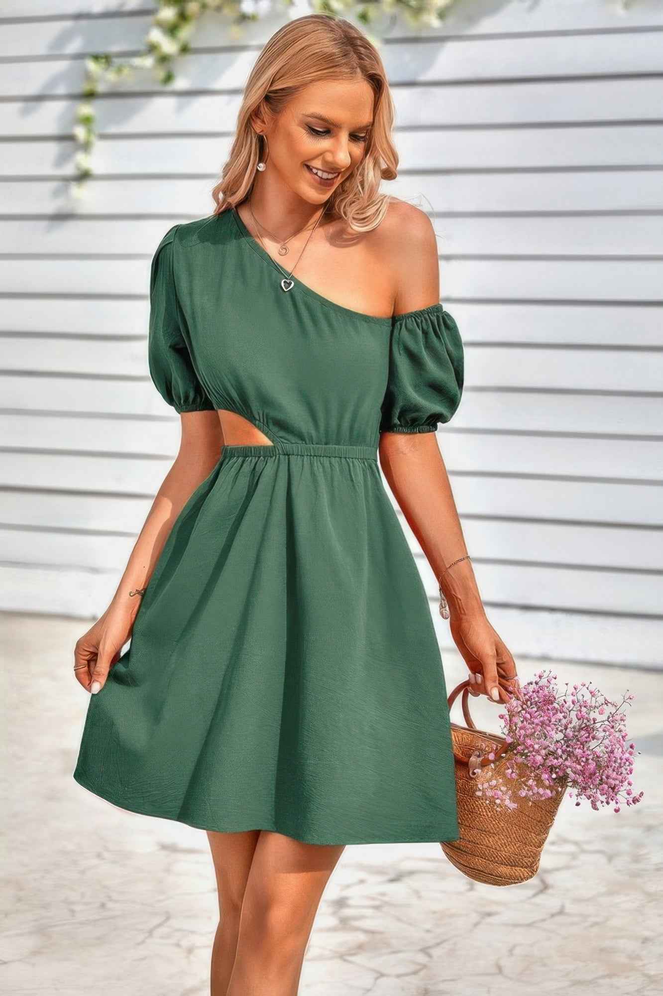 One Shoulder Puff Sleeve Fit Flare Short Dress