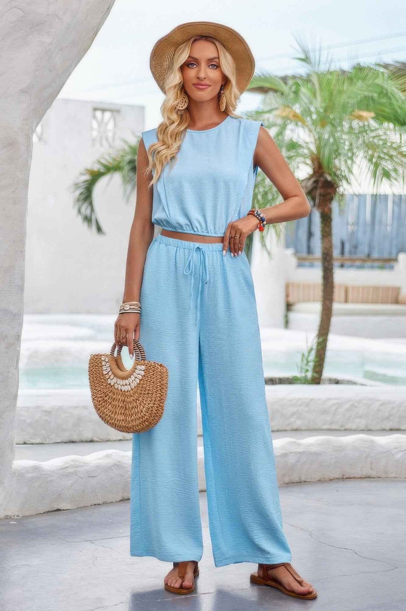 Two Pieces Sleeveless Wide Leg Drawstring Set