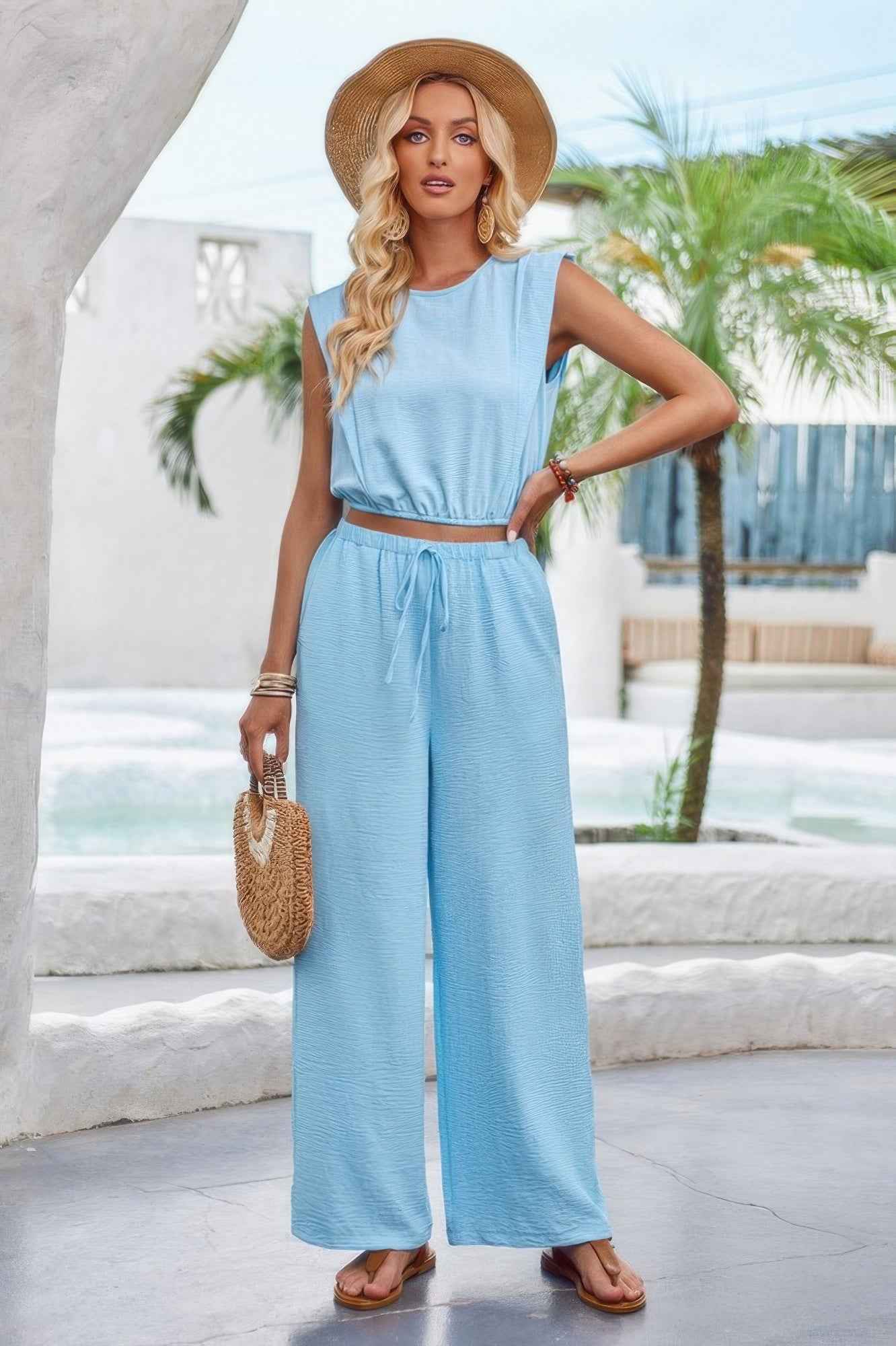 Two Pieces Sleeveless Wide Leg Drawstring Set