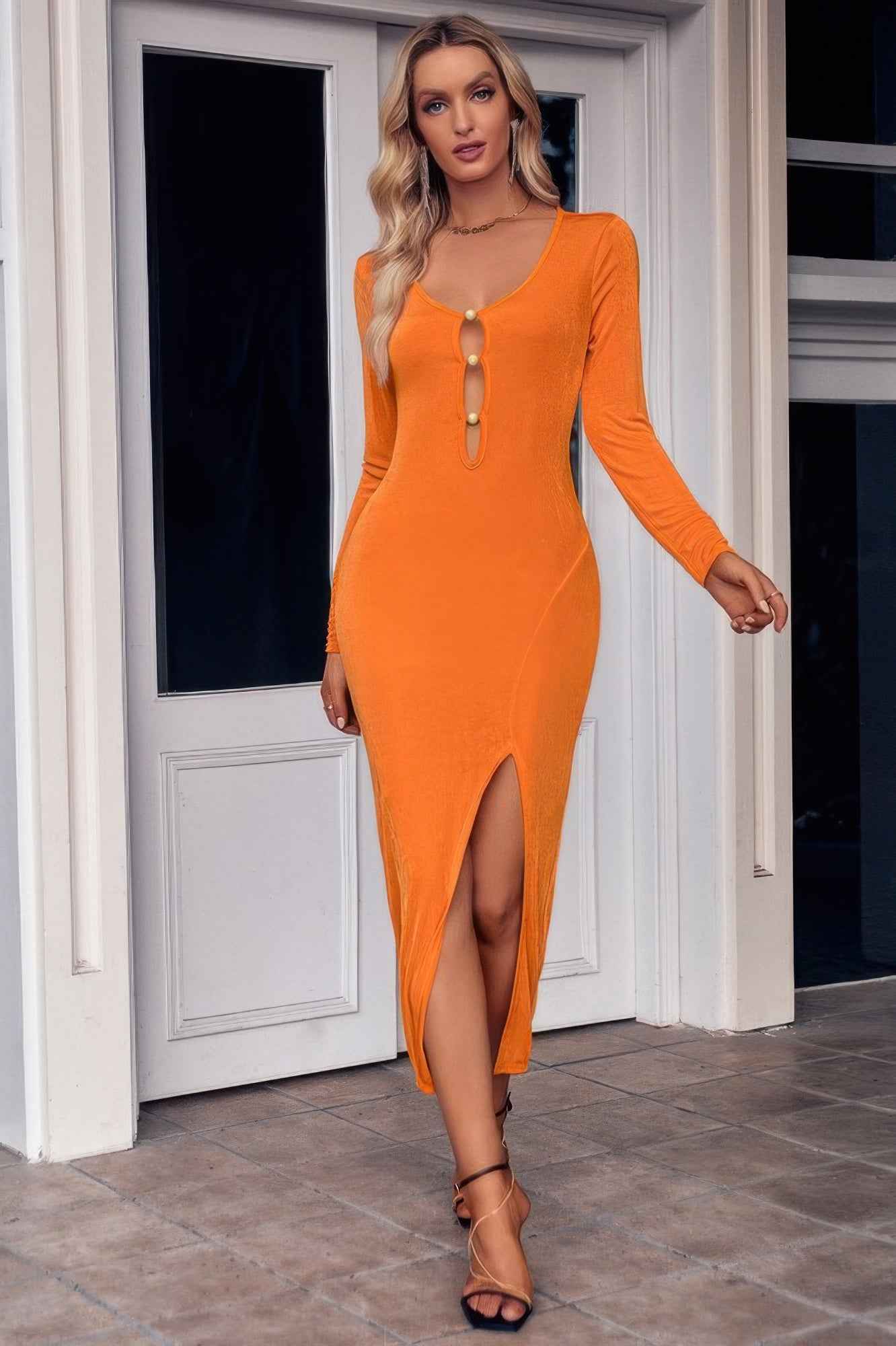 Cut Out V Neck Long Sleeves Slit Bodycon Dress