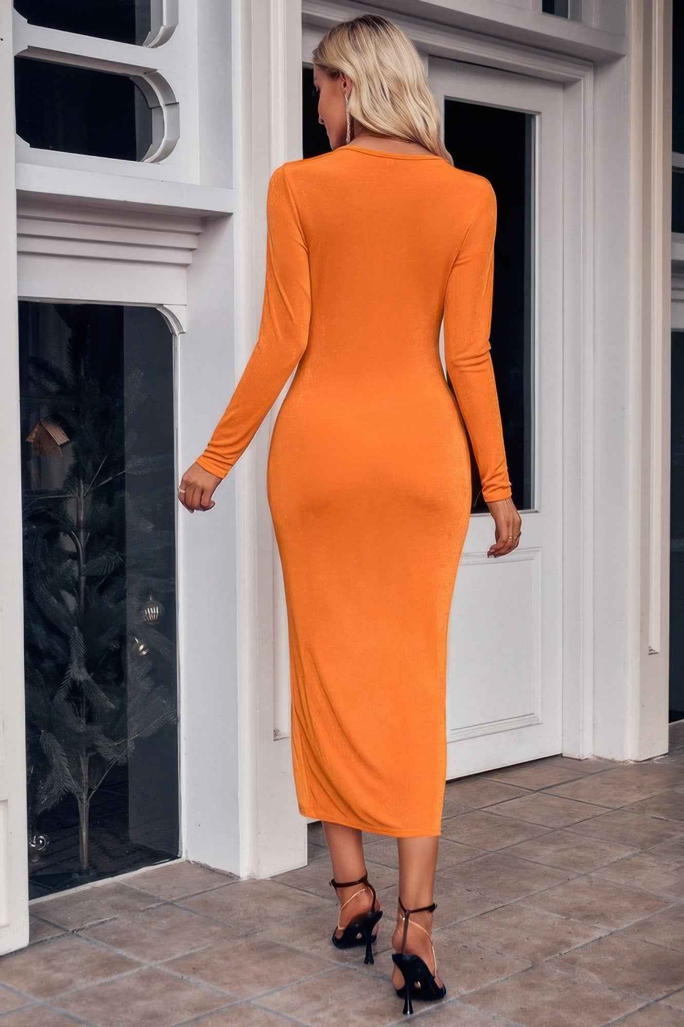 Cut Out V Neck Long Sleeves Slit Bodycon Dress