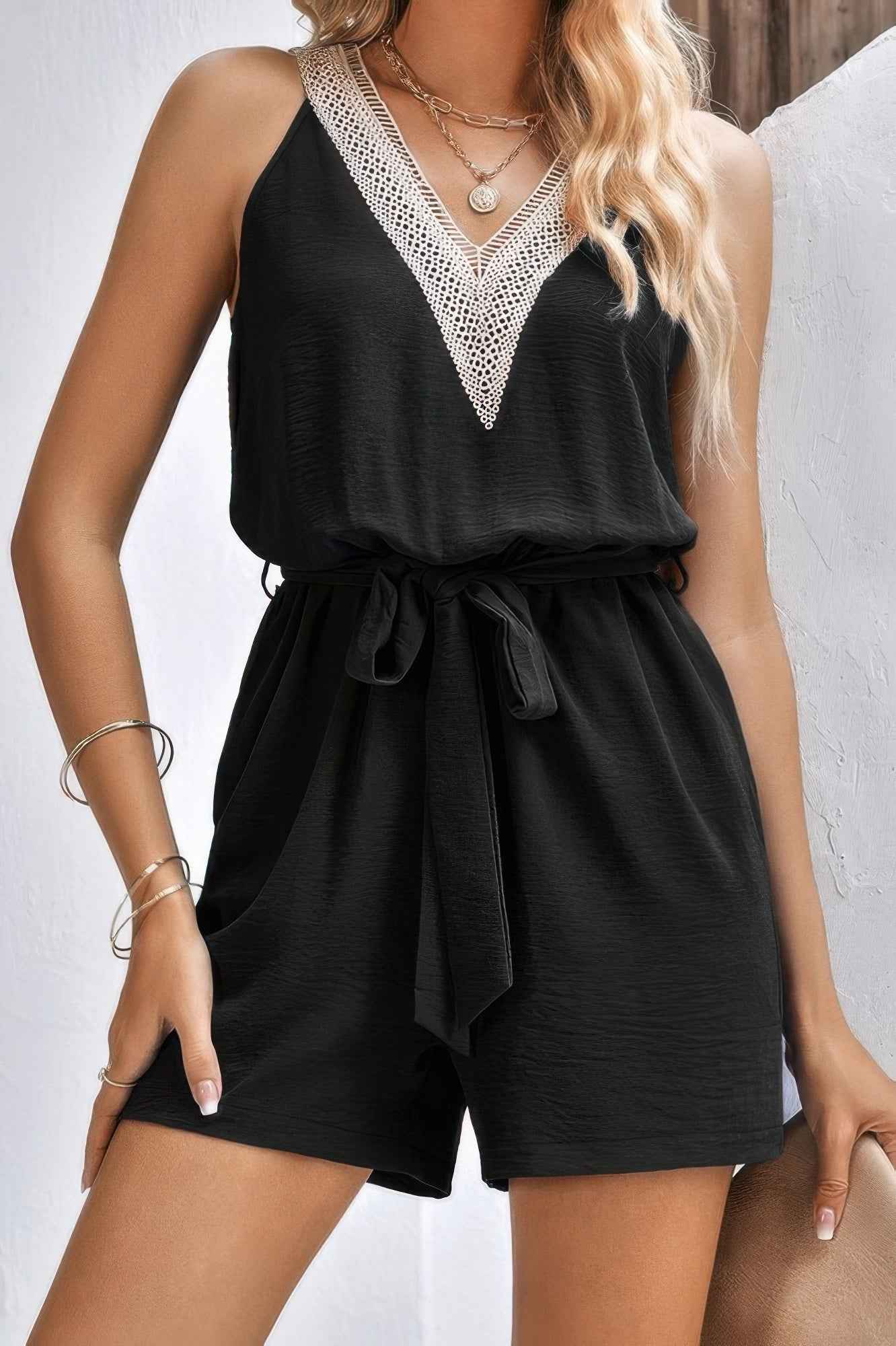 Lace Trim V Neck Sleeveless Tank Romper