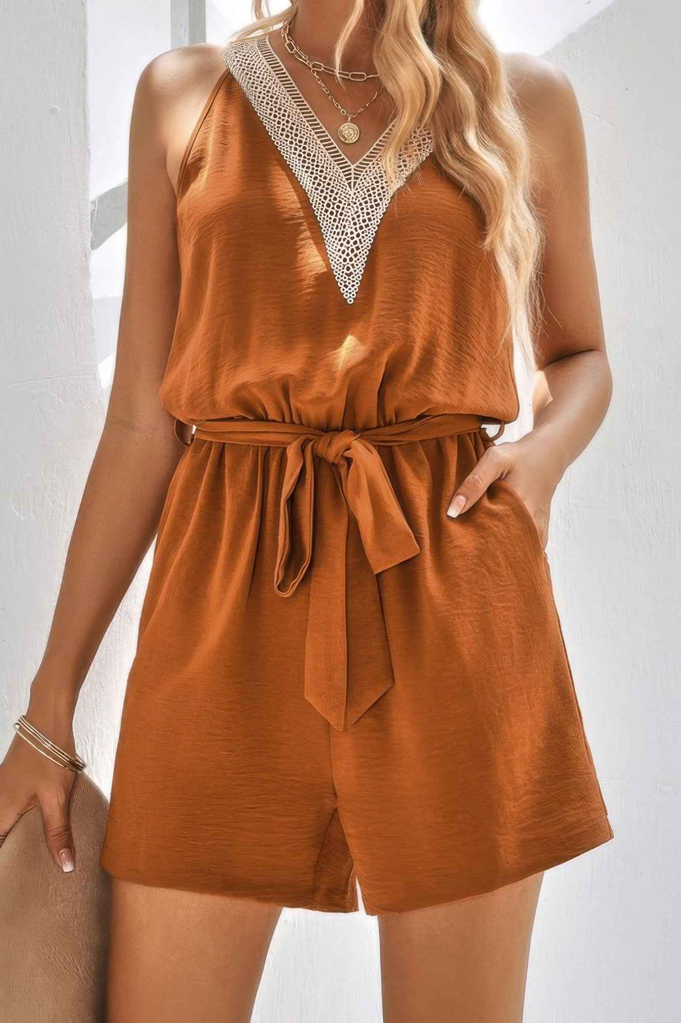 Lace Trim V Neck Sleeveless Tank Romper
