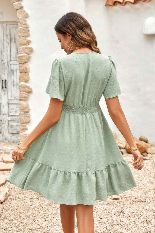 Swiss Dot Cutout Ruffle V Neck Puff Sleeve Dress
