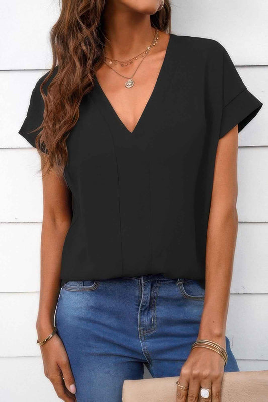 Solid V Neck Short Sleeve Loose Fit Shirt