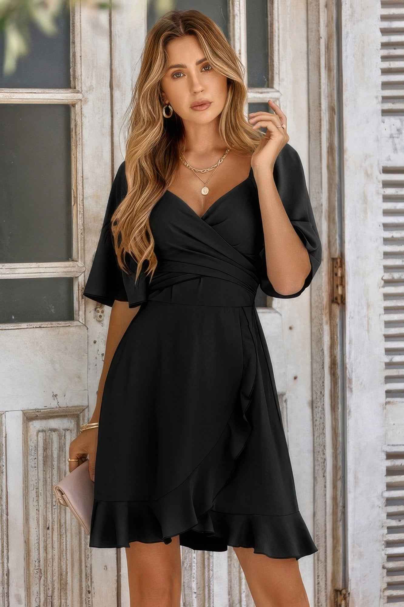 V Neck Bell Sleeves Ruffle Elastic Waist Wrap Dress