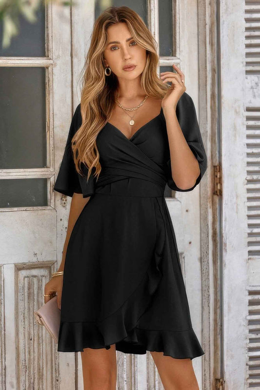 V Neck Bell Sleeves Ruffle Elastic Waist Wrap Dress
