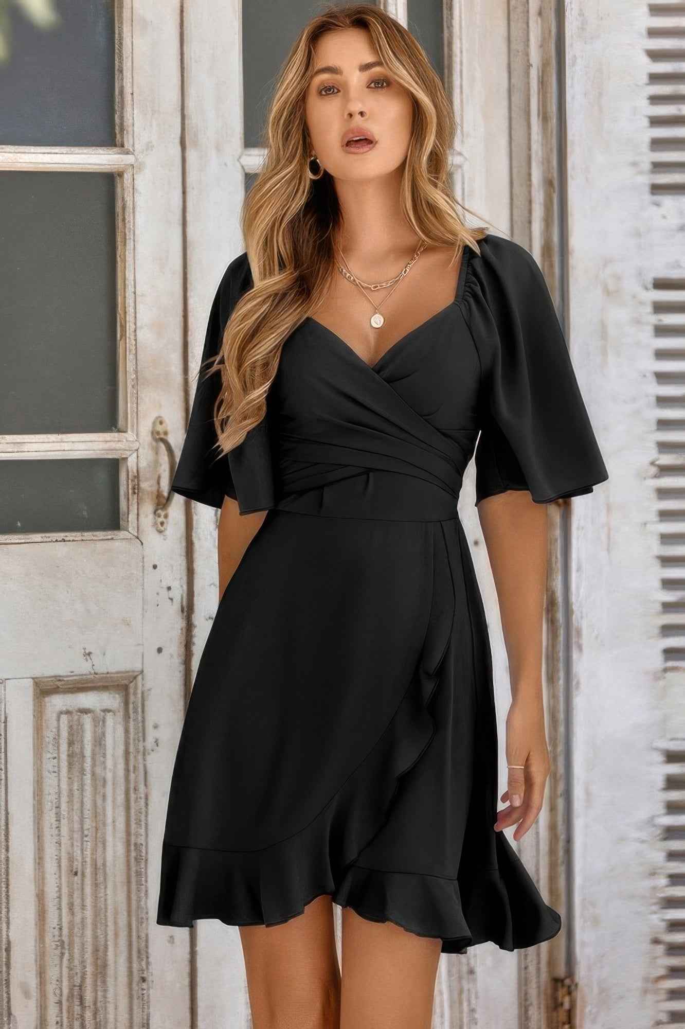 V Neck Bell Sleeves Ruffle Elastic Waist Wrap Dress