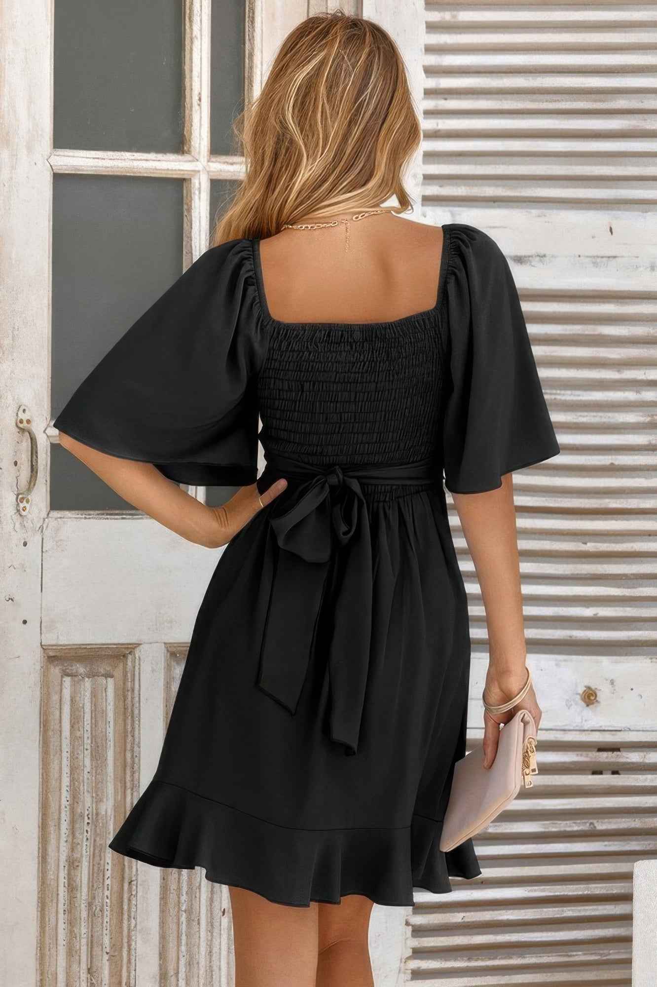 V Neck Bell Sleeves Ruffle Elastic Waist Wrap Dress