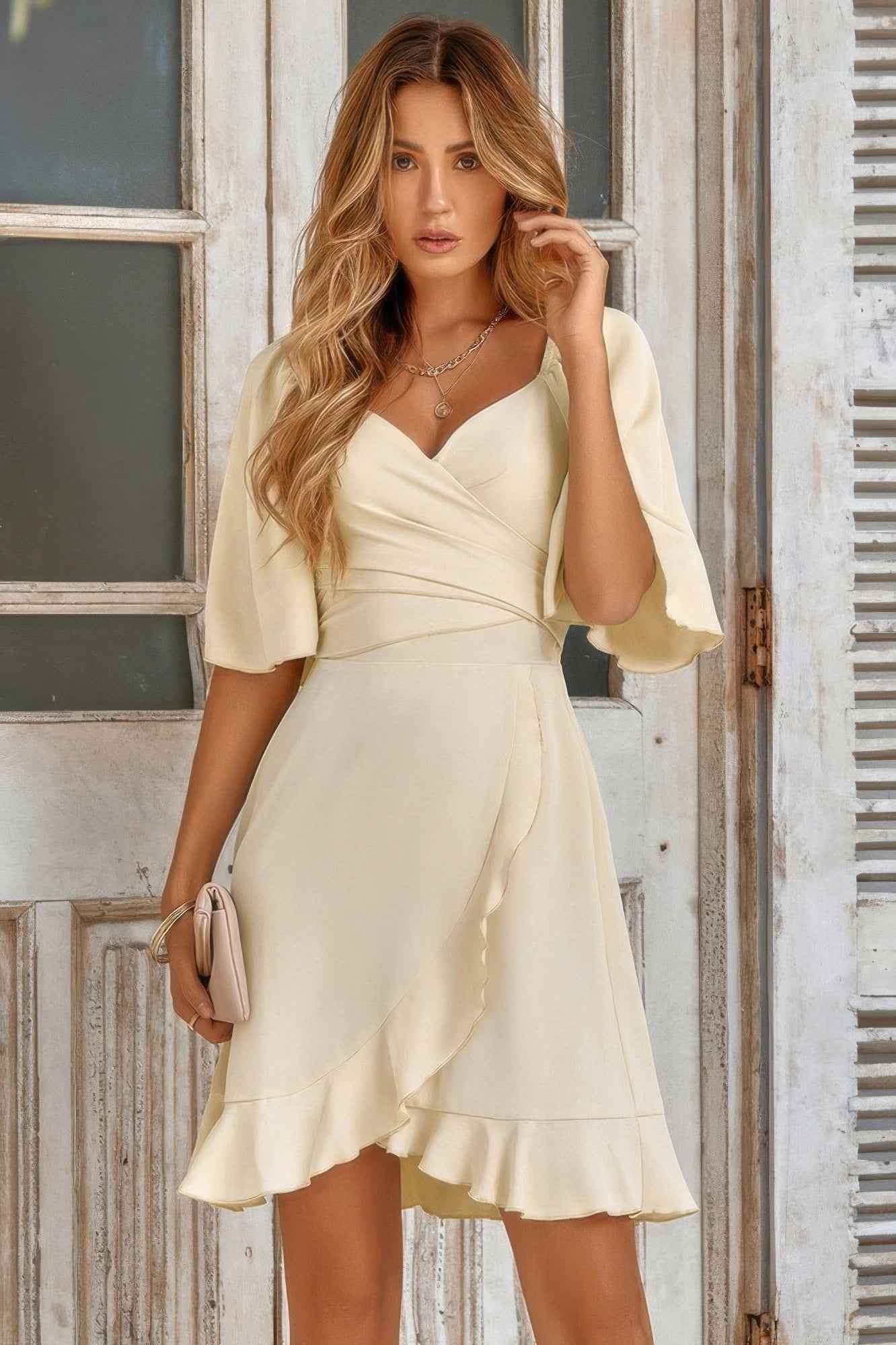 V Neck Bell Sleeves Ruffle Elastic Waist Wrap Dress