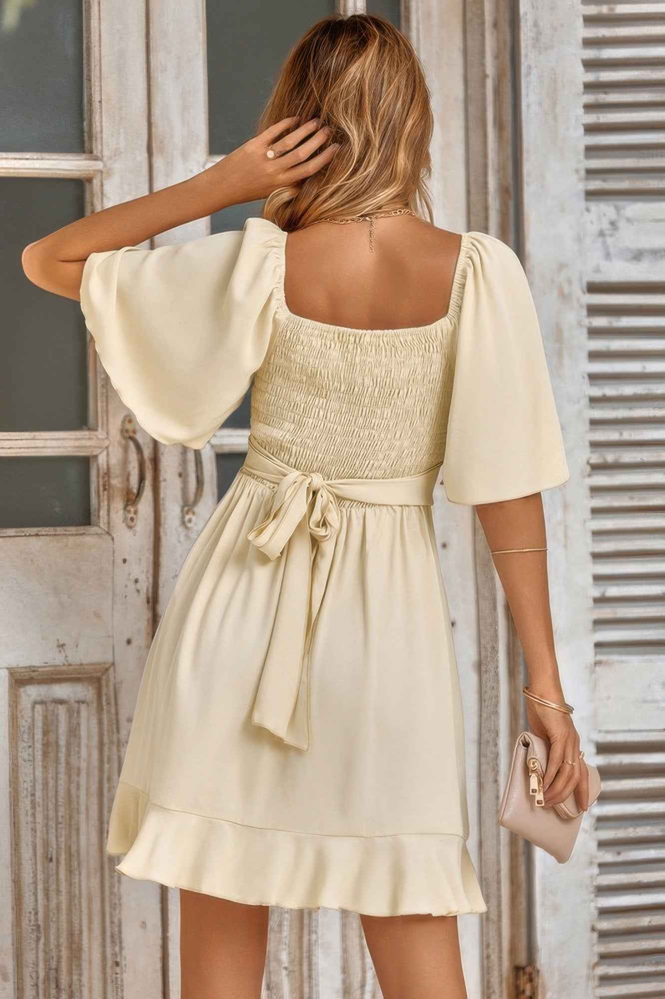 V Neck Bell Sleeves Ruffle Elastic Waist Wrap Dress