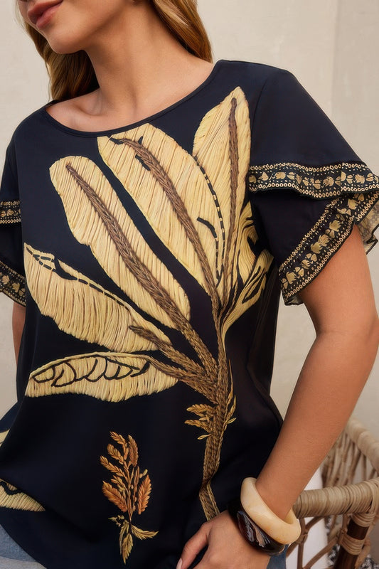 Plus Tropical Print Ruffle Hem Sleeve Blouse - It's a Girly Place