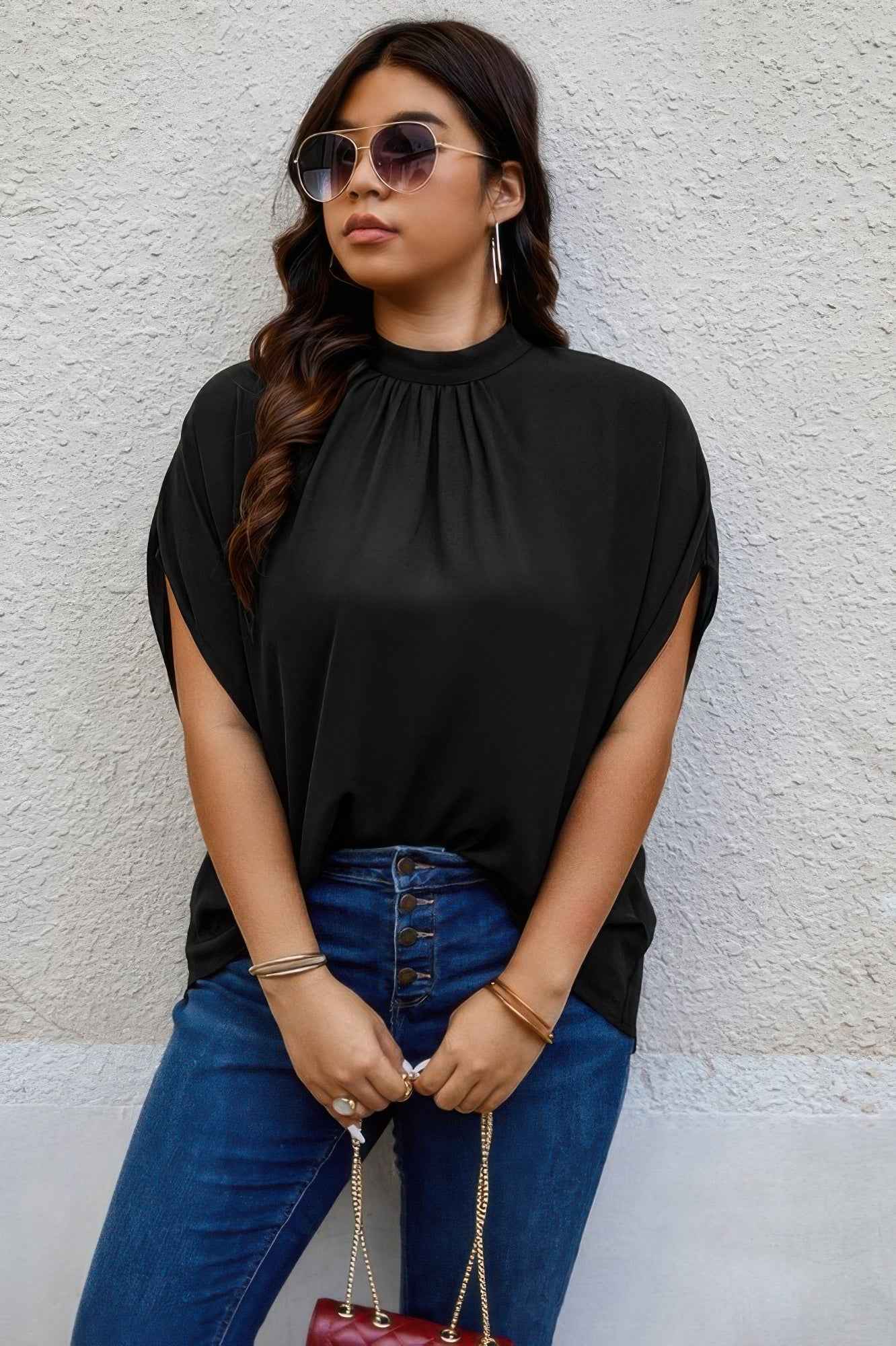 Plus Mock Neck Batwing Sleeve Loose Tunic Top