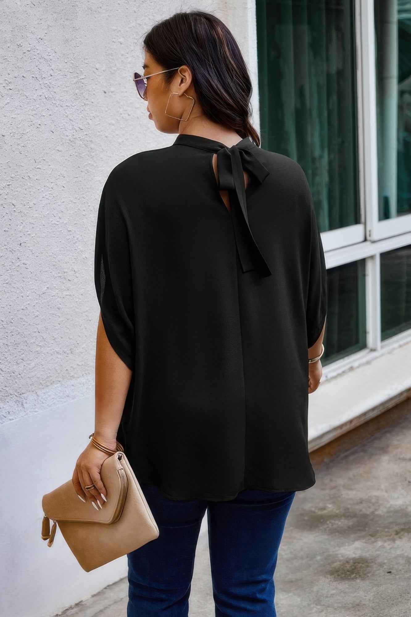 Plus Mock Neck Batwing Sleeve Loose Tunic Top