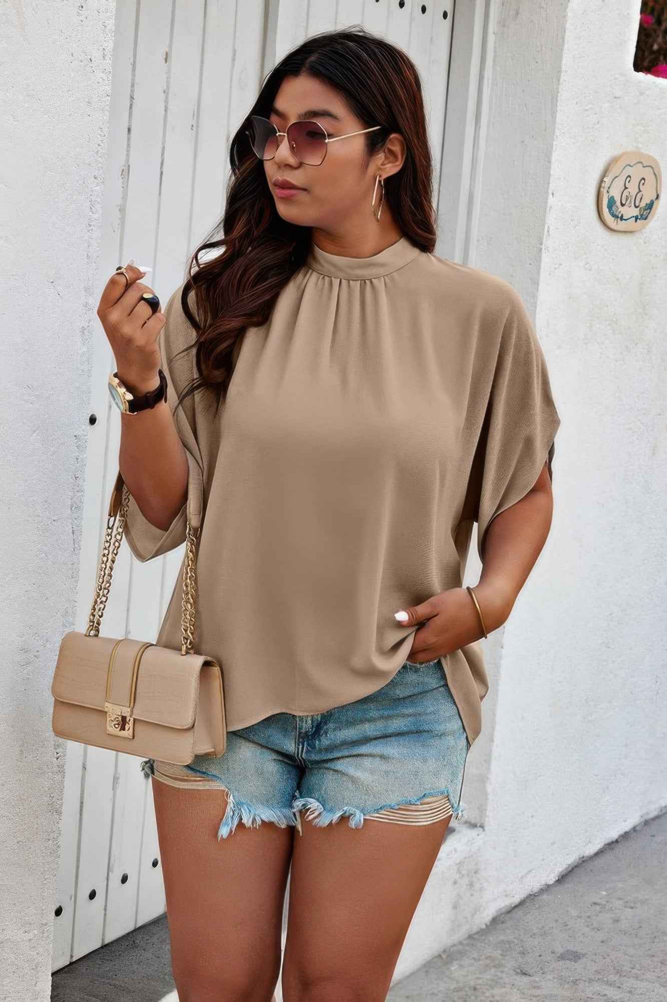 Plus Mock Neck Batwing Sleeve Loose Tunic Top