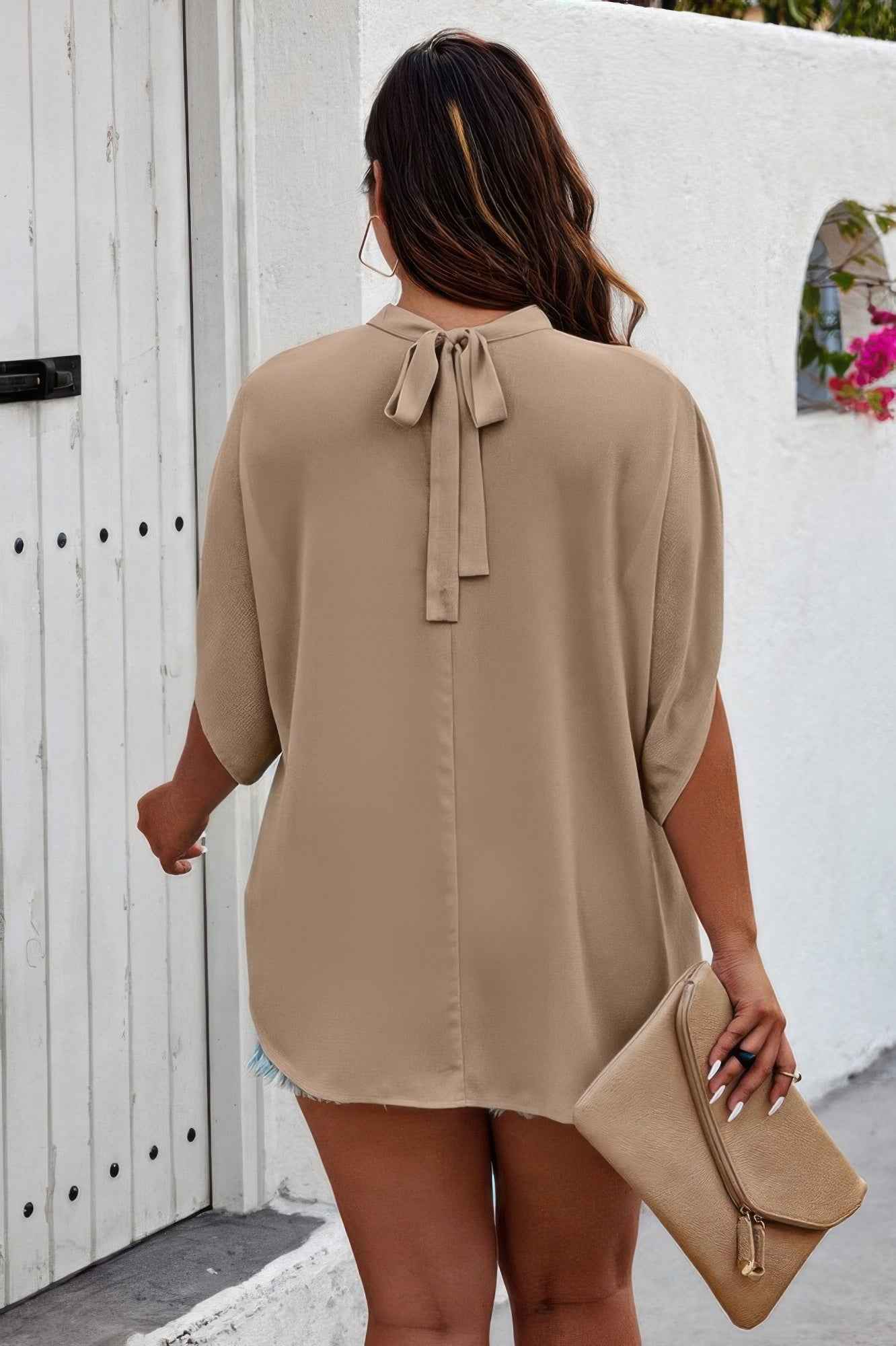 Plus Mock Neck Batwing Sleeve Loose Tunic Top