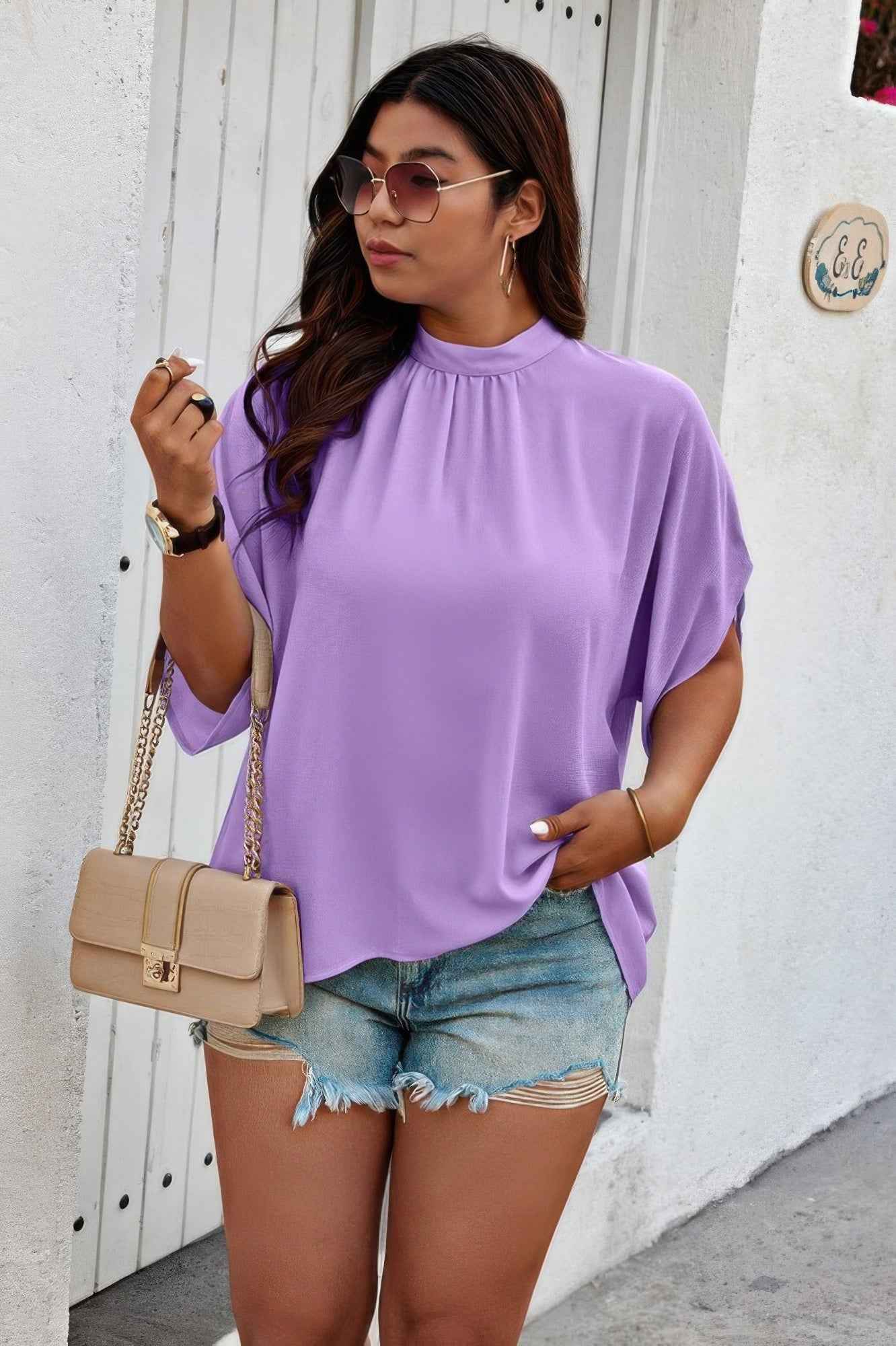 Plus Mock Neck Batwing Sleeve Loose Tunic Top