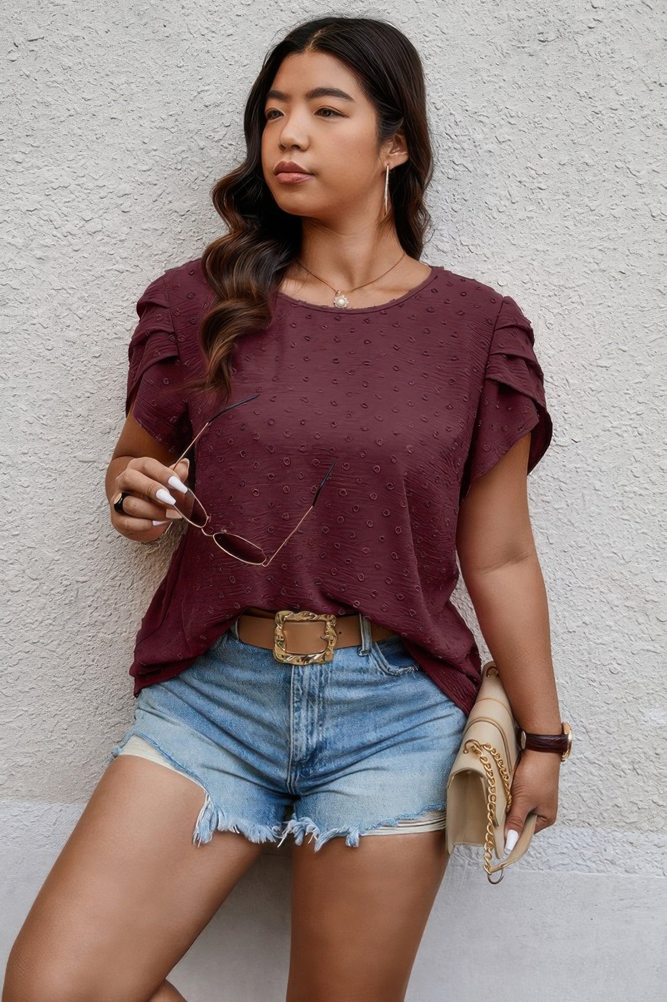 Plus Size Solid Swiss Dots Short Sleeve Blouse - It's a Girly Place